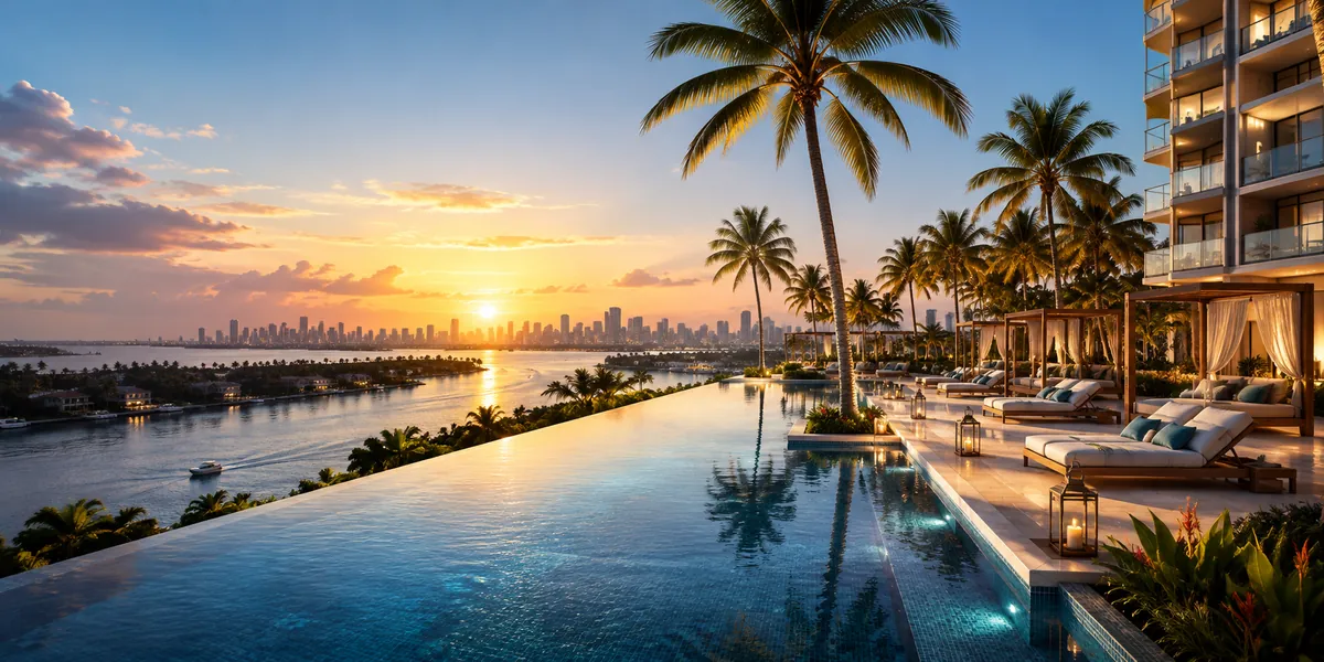Godrej Verano Sector 63A Gurgaon resort style pool deck with palm trees at sunset, artist's impression